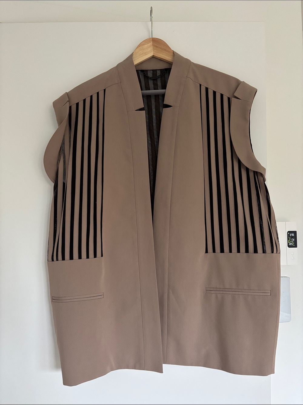 Sleeveless Taupe Longline Vest with Black Stripe Panels